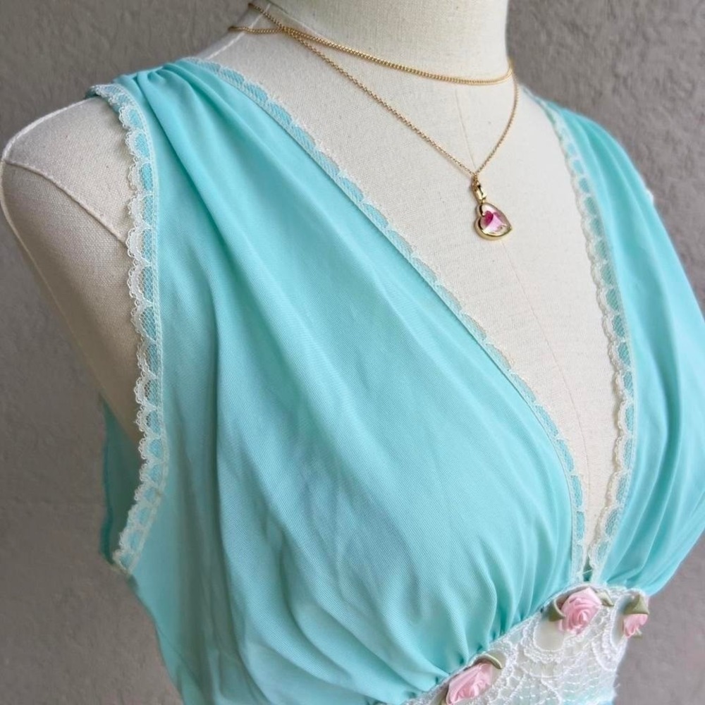Vintage Aqua Blue Maxi Nightgown Slip Dress Lingerie w/ Sheer Lace Fits Medium - Picture 5 of 8